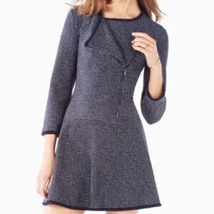 BCBGMaxAzria Navy Blue Linza Fringe Trim Jacquard Knit Fit & Flare Dress